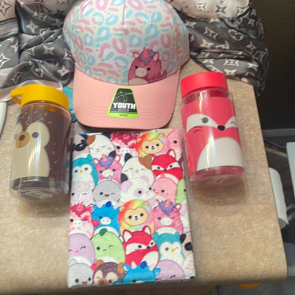 Squishmallow bundle 1 youth size hat one notebook 2 water bottles new